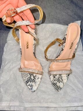 Fashion Nova Rhinestone Strap Snake-Print Heeled Sandals